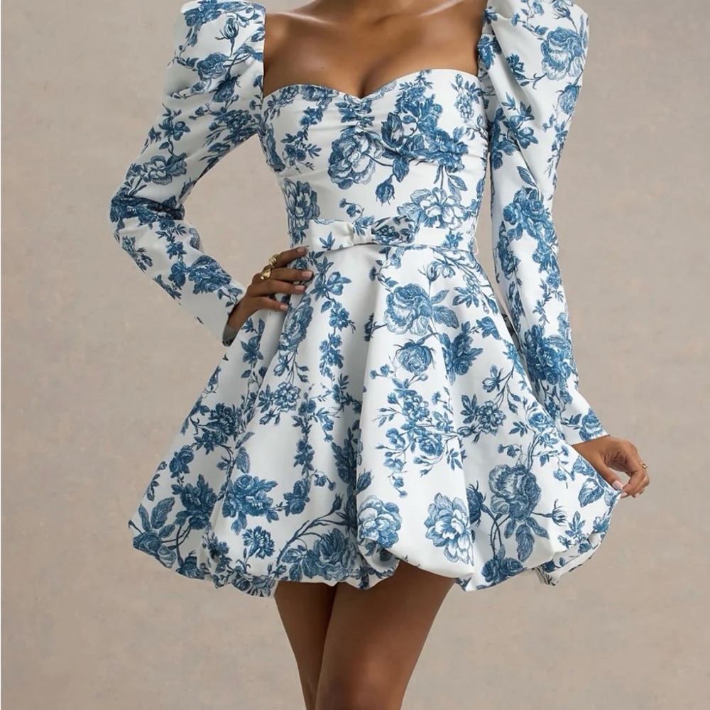 Blue & White Floral Puff-Sleeve Mini Dress